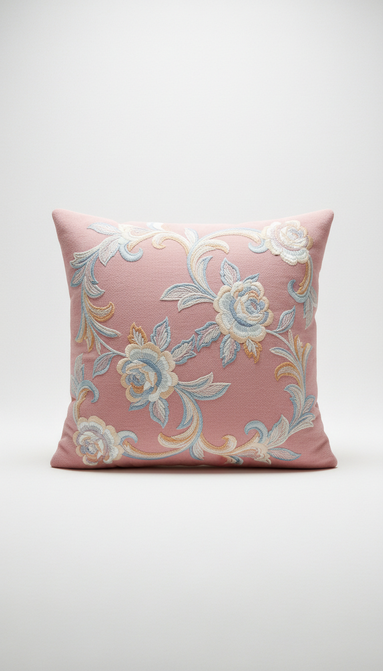Blush Pink Floral Embroidered Throw Pillow