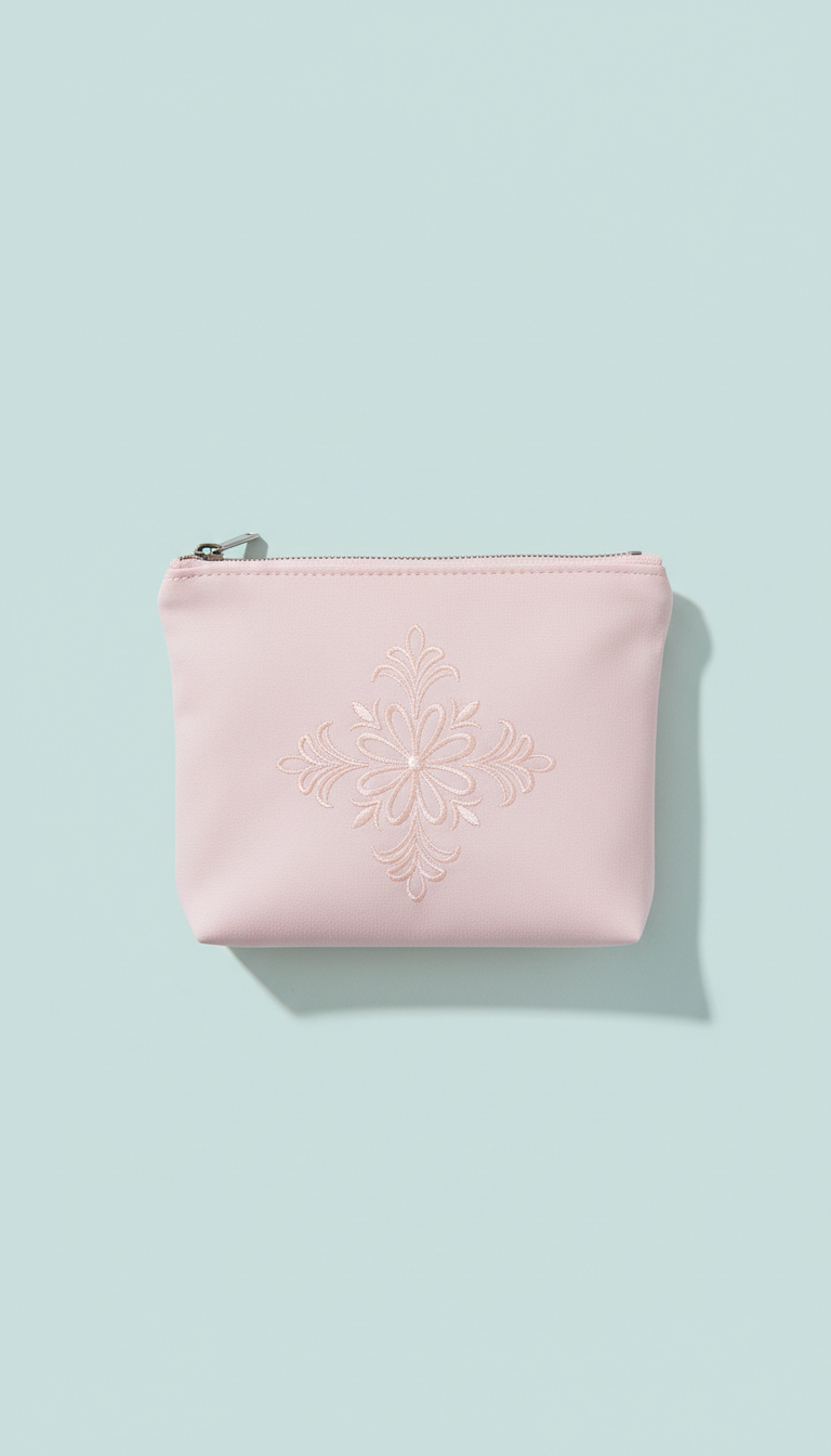 Pastel pink zip pouch with embroidered motif